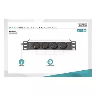 DIGITUS 10" zásuvkový pás s hliníkovým profilom, 4-cestné bezpečnostné zásuvky DIGITUS 10" zásuvkový pás s hliníkovým profilom, 4-cestné bezpečnostné zásuvky