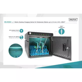 DIGITUS mobilná stolná nabíjacia skrinka pre tablety do 14 palcov, 10 zariadení. UV-C, USB-C ( až 20W na zariadení