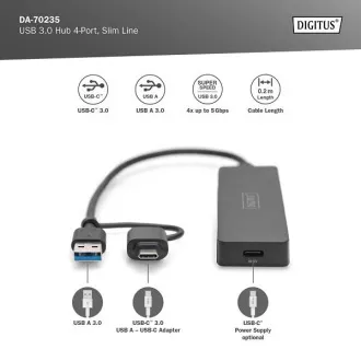 Digitus USB 3.0 Hub 4-Port, Slim Line, 0,2 m kábel