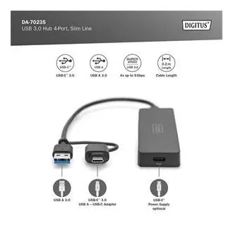 Digitus USB 3.0 Hub 4-Port, Slim Line, 0,2 m kábel