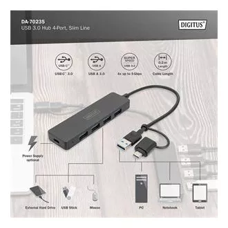 Digitus USB 3.0 Hub 4-Port, Slim Line, 0,2 m kábel