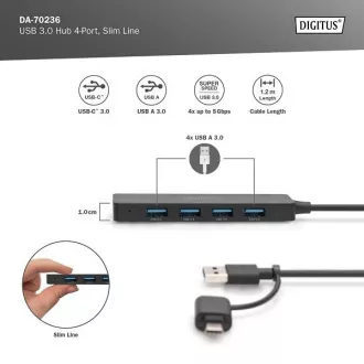 Digitus USB 3.0 Hub 4-Port, Slim Line, 1,2 m kábel