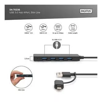 Digitus USB 3.0 Hub 4-Port, Slim Line, 1,2 m kábel