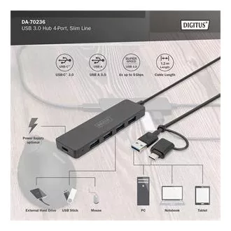 Digitus USB 3.0 Hub 4-Port, Slim Line, 1,2 m kábel