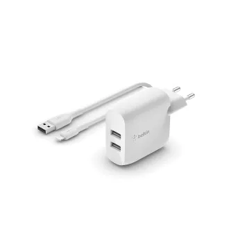 Belkin BOOST CHARGE™ Duálna 24W USB-A nástenná nabíjačka + 1m lightning kábel, biela Belkin BOOST CHARGE™ Duálna 24W USB-A nástenná nabíjačka + 1m lightning kábel, biela