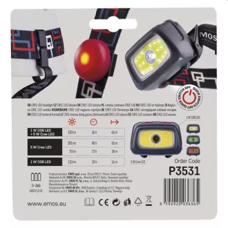 Emos LED čelovka P3531, 330 lm, 65m, 1x CREE + 1x COB + červená zadná LED, 3x AAA + CR2032