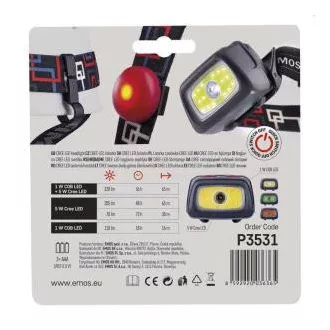 Emos LED čelovka P3531, 330 lm, 65m, 1x CREE + 1x COB + červená zadná LED, 3x AAA + CR2032