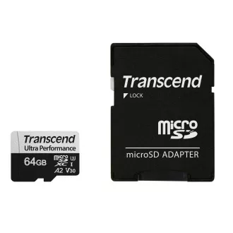 Transcend 64GB microSDXC 340S UHS-I U3 V30 A2 3D TLC (Class 10) pamäťová karta (s adaptérom), 160MB/s R, 80MB/s W