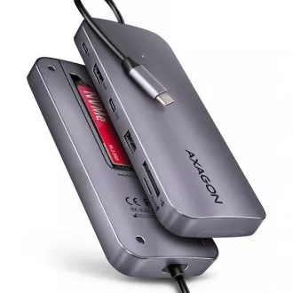 AXAGON HMC-6GM2 Multi portový USB-C 10Gbps húb. NVMe/SATA M.2, HDMI, čítačka kariet a Power Delivery. Kábel USB-C 20 cm