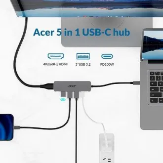 Acer 5IN1 Mini Dock statioType- C dongle, 1x HDMI (až 3840x2160@60hz), 3x USB 3.0 5Gbps ports, 1x Type-C up to 100W PD port (hosť)