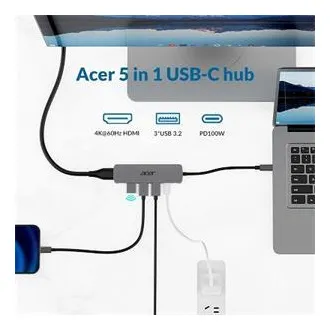 Acer 5IN1 Mini Dock statioType- C dongle, 1x HDMI (až 3840x2160@60hz), 3x USB 3.0 5Gbps ports, 1x Type-C up to 100W PD port (hosť)