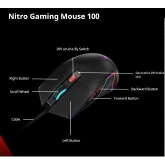 ACER NITRO myš NMW100 čierna, až 7200 DPI, káblová, 6 tlačidiel, retail balenie