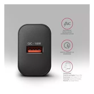 AXAGON ACU-QC18, Nabíjačka do siete 18W, 1x port USB-A, QC3.0/AFC/Apple, čierna