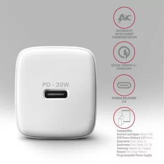 AXAGON ACU-PD20W, nabíjačka do siete 20W, 1x port USB-C, PD3.0/PPS/QC4+/AFC/Apple, biela
