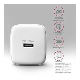 AXAGON ACU-PD20W, nabíjačka do siete 20W, 1x port USB-C, PD3.0/PPS/QC4+/AFC/Apple, biela