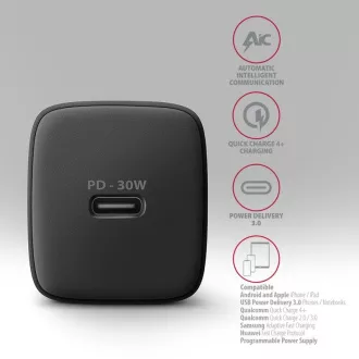 AXAGON ACU-PD30, Sil nabíjačka do siete 30W, 1x port USB-C, PD3.0/PPS/QC4+/SFC/AFC/Apple, čierna