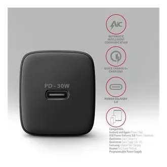 AXAGON ACU-PD30, Sil nabíjačka do siete 30W, 1x port USB-C, PD3.0/PPS/QC4+/SFC/AFC/Apple, čierna