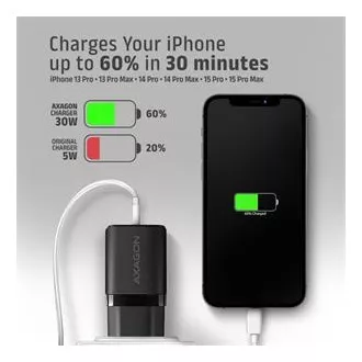 AXAGON ACU-PD30, Sil nabíjačka do siete 30W, 1x port USB-C, PD3.0/PPS/QC4+/SFC/AFC/Apple, čierna