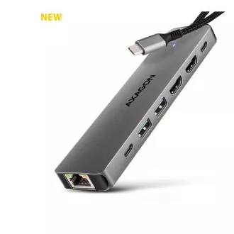 AXAGON HMC-7HX2, USB 5Gbps húb, 2x USB-A, USB-C, 2x HDMI 4k/60Hz, RJ-45 GLAN, PD 100W, kábel USB-C 15cm