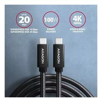 AXAGON BUCM32-CM05AB, SPEED+ kábel USB-C <-> USB-C, 0.5m, USB 20Gbps, PD 100W 5A, 4K HD, ALU, oplet, čierny