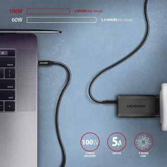 AXAGON BUCM32-CM05AB, SPEED+ kábel USB-C <-> USB-C, 0.5m, USB 20Gbps, PD 100W 5A, 4K HD, ALU, oplet, čierny