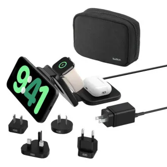 Belkin BOOST CHARGE™ PRE Qi2 3v1 Bezdrôtová skladacia cestovná podložka pre iPhone/Apple Watch/AirPods, čierna + adaptéry Belkin BOOST CHARGE™ PRE Qi2 3v1 Bezdrôtová skladacia cestovná podložka pre iPhone/Apple Watch/AirPods, čierna + adaptéry