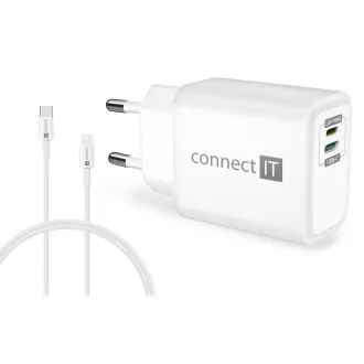 CONNECT IT DUPLEX Nabíjací adaptér 1xLightning + 1×USB-C, 20W, kábel 27W, BIELÝ