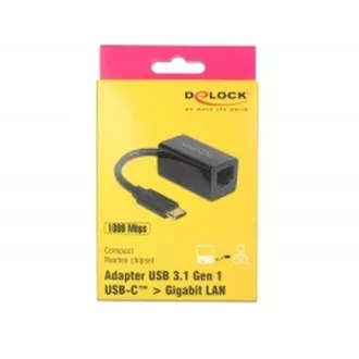 Delock Adaptér Super Speed USB (USB 3.1 Gen 1) s USB Type-C™ samec > Gigabit LAN 10/100/1000 Mbps kompaktný čierny