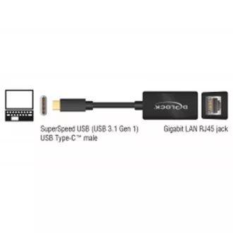Delock Adaptér Super Speed USB (USB 3.1 Gen 1) s USB Type-C™ samec > Gigabit LAN 10/100/1000 Mbps kompaktný čierny