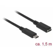 Delock Predlžovací kábel SuperSpeed USB (USB 3.1 Gen 1) USB Type-C™ samec > port samica 3 A 1,5 m čierny