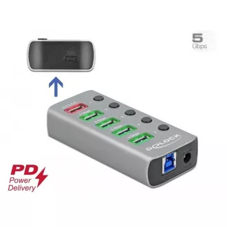 Delock Rozbočovač USB 3.2 Gen 1 so 4 portami + 1 rýchlonabíjacím portom + 1 portom USB-C™ PD 3.0 s prepínačom a osvetlením