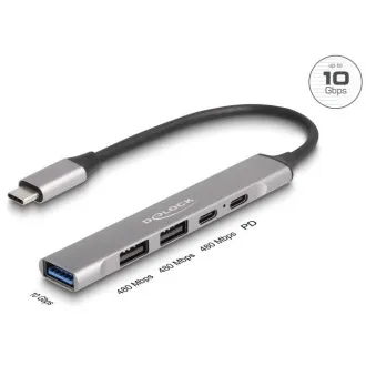 Delock 4-portový tenký Hub USB Type-C™ majúci 1 x USB 10 Gbps Typ-A + 2 x USB 2.0 Typ-A + 1 x USB 2.0 USB Type-C™ a PD 9