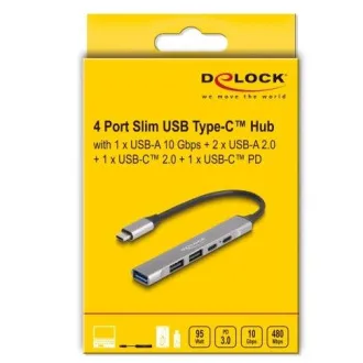 Delock 4-portový tenký Hub USB Type-C™ majúci 1 x USB 10 Gbps Typ-A + 2 x USB 2.0 Typ-A + 1 x USB 2.0 USB Type-C™ a PD 9