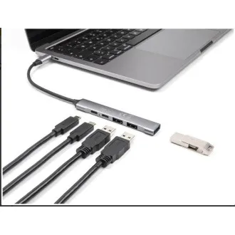Delock 4-portový tenký Hub USB Type-C™ majúci 1 x USB 10 Gbps Typ-A + 2 x USB 2.0 Typ-A + 1 x USB 2.0 USB Type-C™ a PD 9