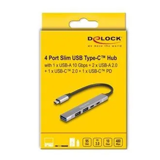 Delock 4-portový tenký Hub USB Type-C™ majúci 1 x USB 10 Gbps Typ-A + 2 x USB 2.0 Typ-A + 1 x USB 2.0 USB Type-C™ a PD 9