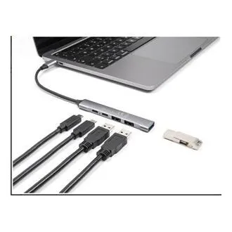 Delock 4-portový tenký Hub USB Type-C™ majúci 1 x USB 10 Gbps Typ-A + 2 x USB 2.0 Typ-A + 1 x USB 2.0 USB Type-C™ a PD 9