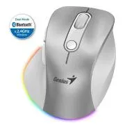 Genius Ergo 9000S Pre Myš, bezdrôtová, optická, 2400DPI, 6 tlačidiel, BT, 2,4GHz, USB-C nabíjanie, tichá, 7farebné podsv., strieborná