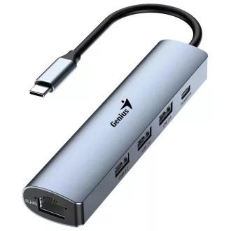 Genius UH-545 USB Hub, externý, USB-C na 3× USB 3.0, 1× USB-C, RJ-45 Gigabit Ethernet, 15cm, šedý