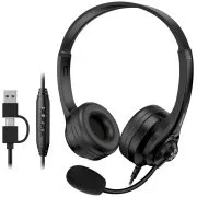 Genius HS-235U AI, Headset, drôtový, náhlavný, mikrofón, Copilot, ovládanie hlasitosti, kábel 2,4m, USB-C, USB, čierny
