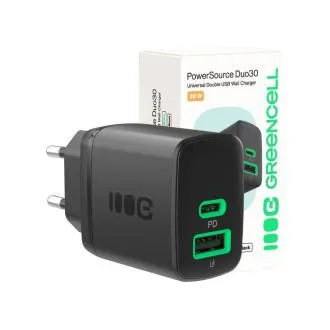 Green Cell PowerSource Duo30 Charger USB/USB-C Black Power Adapter 30W Power Delivery Green Cell PowerSource Duo30 Charger USB/USB-C Black Power Adapter 30W Power Delivery