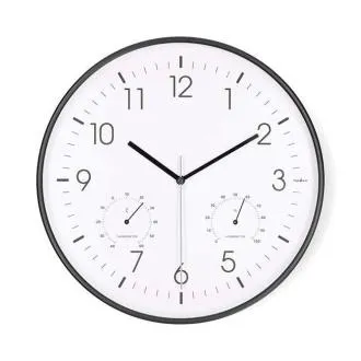 Nedis CLWA4226BK - Nástenné hodiny | Priemer: 300 mm | Plast | Tichý pohyb | Teplomer | Vlhkomer | Biela / Čierna