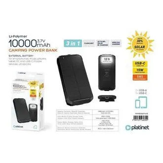 PLATINET POWERBANK 10000 mAh SOLAR PANEL WIRELESS CHARGER 15W 2X USB-A, 1X USB-C