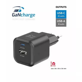 SWISSTEN SIEŤOVÝ ADAPTÉR GaN 1x USB-C 20W PD + 1x USB-A 18W QC ČIERNY