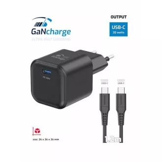 SWISSTEN SIEŤOVÝ ADAPTÉR GaN 1x USB-C 20W POWER DELIVERY ČIERNY + DÁTOVÝ KÁBEL USB-C/USB-C 1,2 M ČIERNY