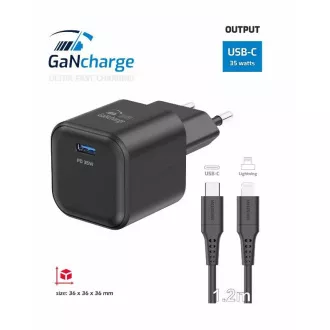 SWISSTEN SIEŤOVÝ ADAPTÉR GaN 1x USB-C 35W POWER DELIVERY ČIERNY + DÁTOVÝ KÁBEL USB-C/LIGHTNING 1,2 M ČIERNY