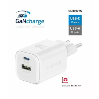 SWISSTEN SIEŤOVÝ ADAPTÉR GaN 1x USB-C 45W PD + 1x USB-A 18W QC BIELÝ SWISSTEN SIEŤOVÝ ADAPTÉR GaN 1x USB-C 45W PD + 1x USB-A 18W QC BIELÝ