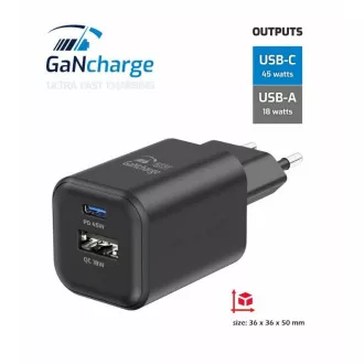 SWISSTEN SIEŤOVÝ ADAPTÉR GaN 1x USB-C 45W PD + 1x USB-A 18W QC ČIERNY