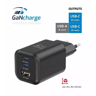 SWISSTEN SIEŤOVÝ ADAPTÉR GaN 2x USB-C 65W PD + 1x USB-A 18W QC ČIERNY