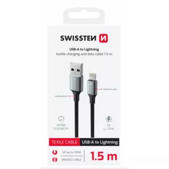 SWISSTEN DÁTOVÝ KÁBEL TEXTILE II USB / LIGHTNING 1,5 M ČIERNY