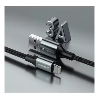 SWISSTEN DÁTOVÝ KÁBEL TEXTILE II USB / LIGHTNING 1,5 M ČIERNY